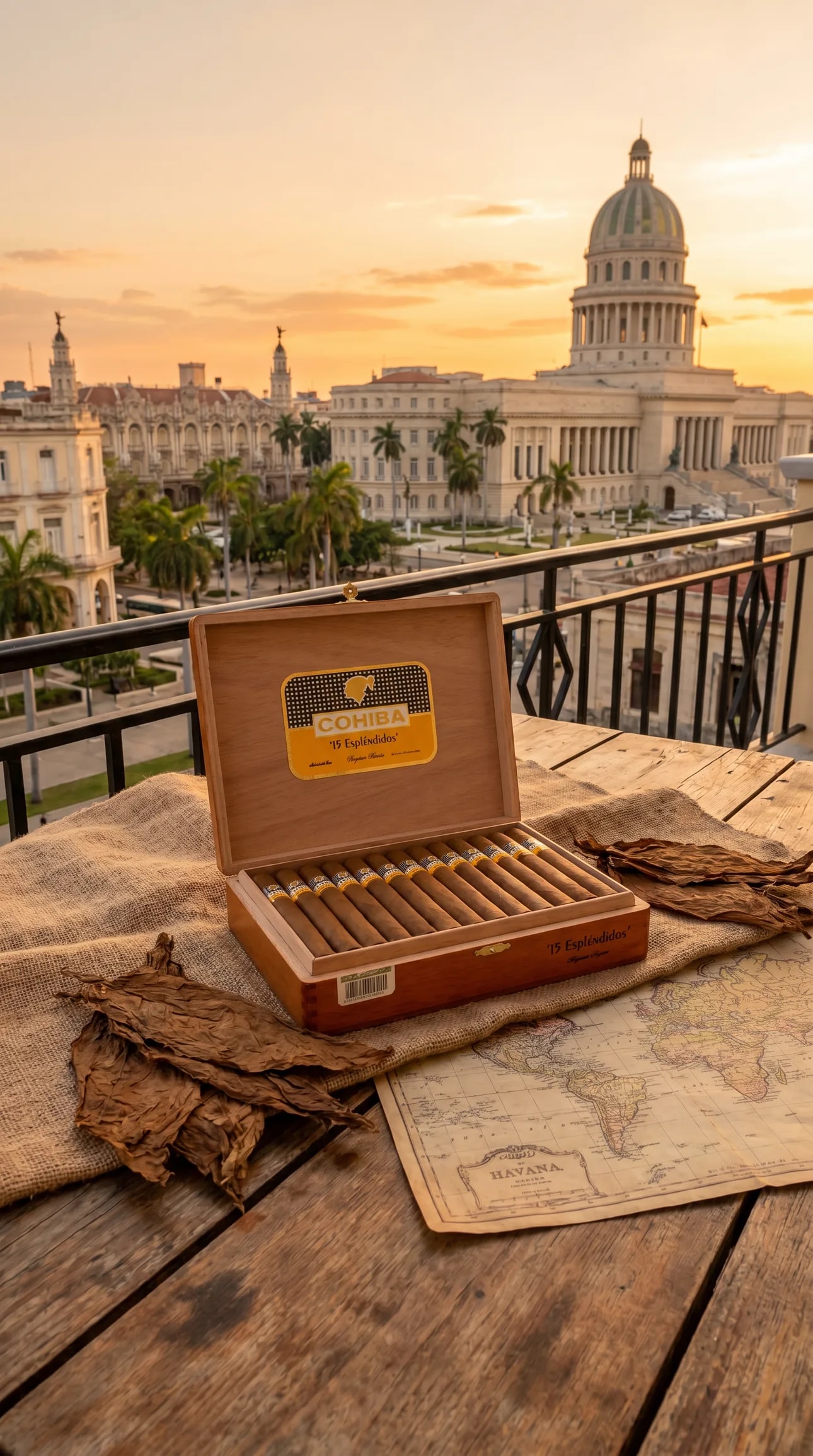 Open box of Cuban cigars at golden hour over Old Havana