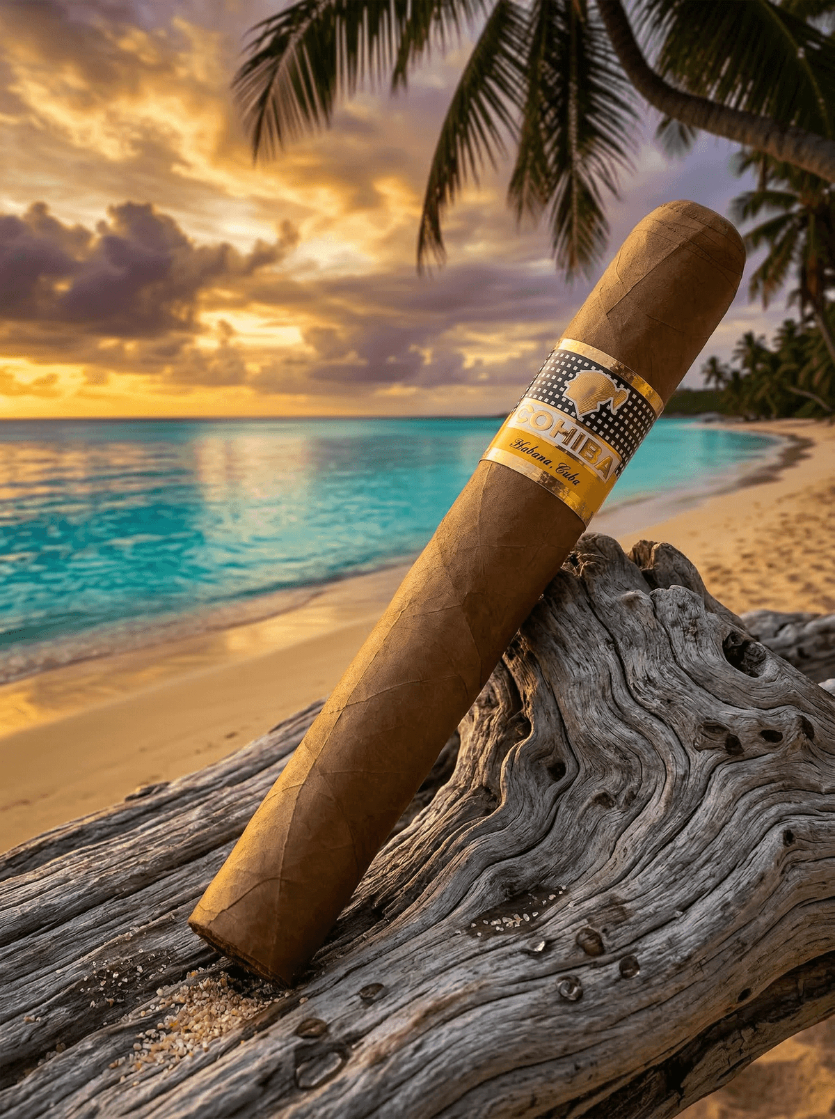 Cohiba cigar on a Caribbean beach at sunset