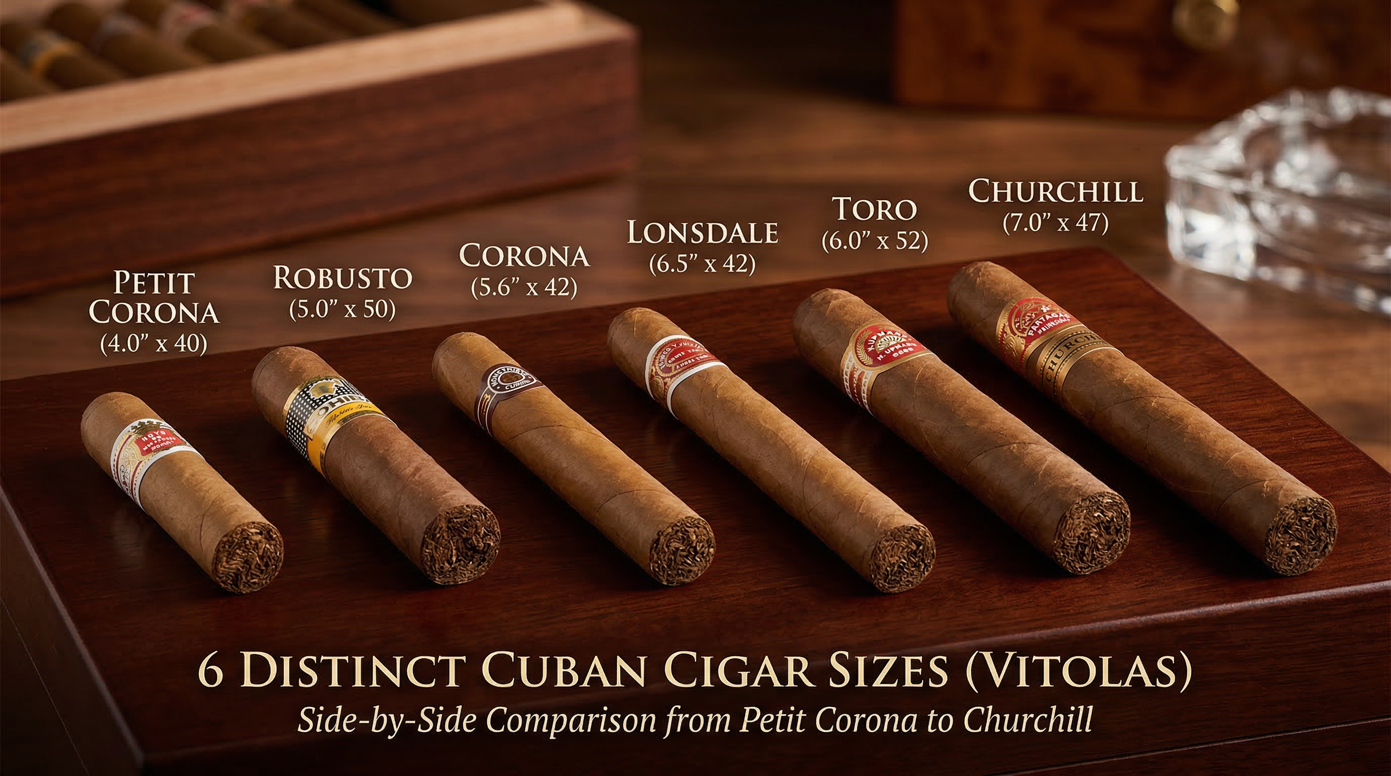 Visual comparison of Cuban cigar sizes from Petit Corona to Churchill