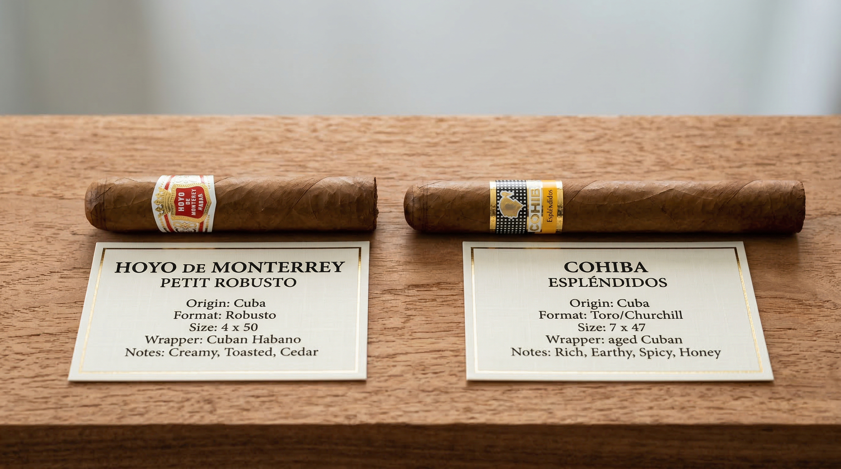 Two Cuban cigars side by side comparing robusto and toro sizes